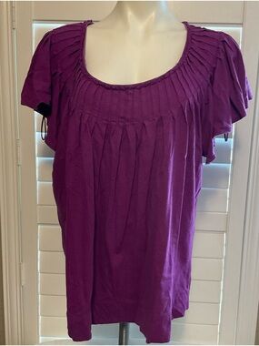 Elle Purple Short Sleeve Pleated Scoop Neck Top